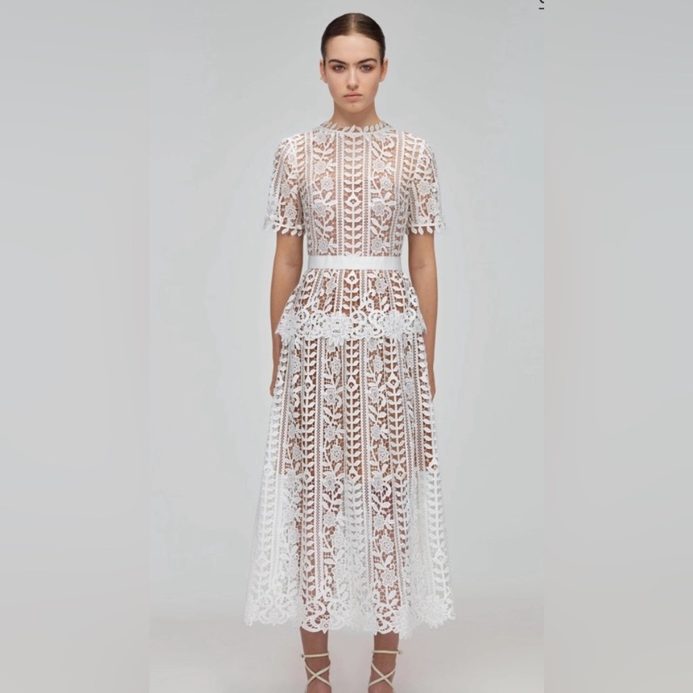 Self-Portrait White Guipure Lace Peplum Midi Dress - perfect for brides!!